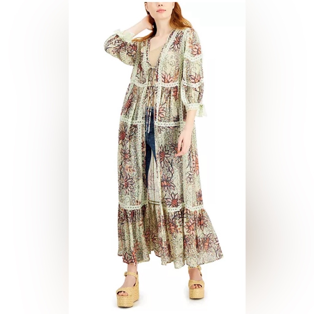 Free People NWT Grasslands Duster Kimono Floral Lace Tie XS/S Fits L Boho DU - Picture 3 of 8